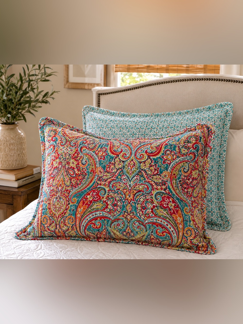 SET OF 2 Floral Cotton King Pillow Shams 20x36 Reversible Paisley